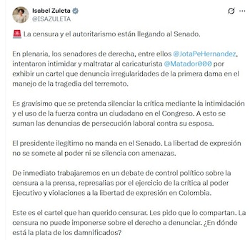 Isabel Zuleta denunció en redes sociales un presunto intento de censura contra el caricaturista y sus críticas al Gobierno (@ISAZULETA - @sarag12/X)