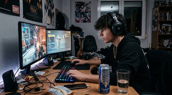 Joven con auriculares sentado frente a dos monitores de computadora, teclado iluminado, lata de bebida energética y vaso de agua.