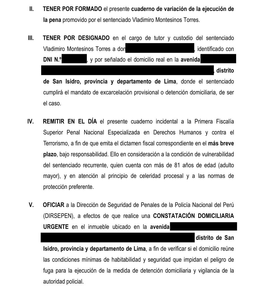 Un documento judicial emitido en Lima tramita la solicitud de detención domiciliaria de Vladimiro Montesinos tras señalar su condición de adulto mayor.