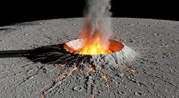 Vista aérea de un gigantesco cráter humeante en la superficie gris de la Luna, con llamas naranjas intensas en su centro y flujos de lava incandescente esparciéndose.