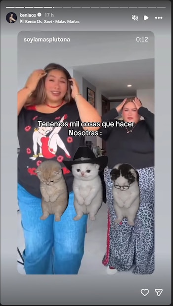 Dos mujeres posan en un interior junto a tres imágenes de gatos y una frase sobre tareas pendientes