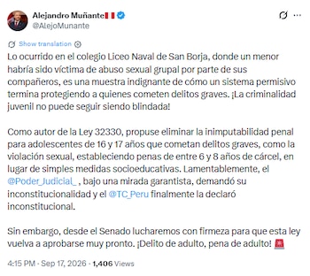 Captura de pantalla de una publicación en la red social X del usuario Alejandro Muñante con texto sobre la responsabilidad penal juvenil