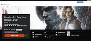 Página de PlayStation Store del videojuego Resident Evil Requiem Deluxe Edition con precio, descuento, calificaciones y dos personajes principales