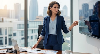 Una mujer estadounidense, gerente financiera, de pie en una oficina moderna con ventanales grandes, señala una pantalla con gráficos de datos financieros.