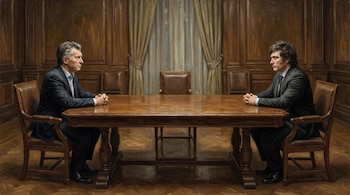Pintura al óleo de Mauricio Macri y Javier Milei sentados frente a frente en una mesa de madera. Ambos visten trajes oscuros en una sala con paneles de madera.