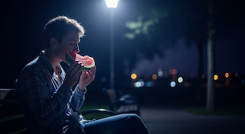 Un joven sentado en un banco de parque por la noche, iluminado por una farola, comiendo un trozo de sandía. El fondo muestra luces bokeh.
