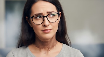 Primer plano de una mujer con gafas y cabello oscuro, mostrando una zona oscurecida de la piel en el cuello, sobre una camiseta gris.