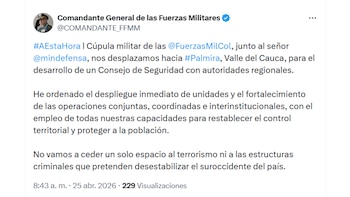 El Comandante General de las Fuerzas Militares de Colombia, el general Hugo Alejandro López Barreto, dio orden inmediata que de que se despliegue mayor presencia de policías y soldados en el departamento del Valle del Cauca - crédito @COMANDANTE_FFMM/X