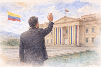 Pintura acuarela de un hombre de espalda, con traje oscuro, levantando la mano frente al Palacio de Nariño adornado con banderas colombianas.