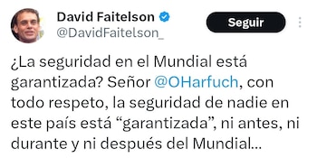 Captura de pantalla de un tuit de David Faitelson dirigido a Omar García Harfuch, donde Faitelson cuestiona la seguridad en México en relación con el Mundial