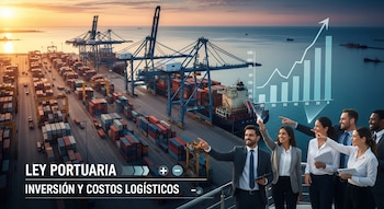 Puerto industrial con grúas y contenedores, un buque de carga. Un gráfico de barras y línea sobre el mar. Seis ejecutivos señalan. Texto: Ley Portuaria, Inversión y Costos Logísticos.