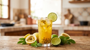 Un vaso transparente con bebida amarilla, hielo y semillas, acompañado de maracuyás y limones partidos sobre una mesa de madera.