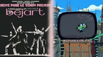 Portada del álbum Messe pour le temps présent al lado de una escena animada con una nave verde estrellada en un televisor gigante.