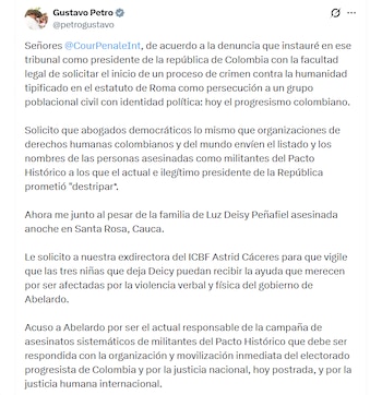 Petro atribuyó responsabilidades políticas por una supuesta campaña de asesinatos contra militantes de esa coalición - crédito Gustavo Petro / X