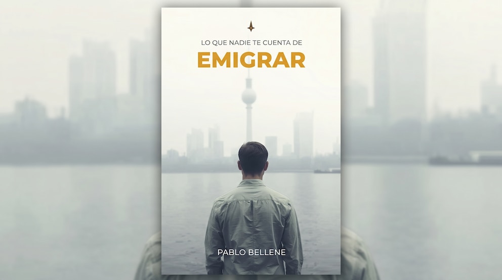 Portada de un libro que muestra un hombre de espaldas frente a una ciudad con una torre de televisión, un río y el título "Lo que nadie te cuenta de Emigrar".