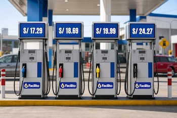 Cuatro surtidores de combustible alineados con pantallas azules que indican precios en soles y adhesivos con el logotipo de Facilito.