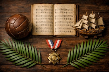 Balón de fútbol de cuero, partitura del Himno Nacional del Perú, maqueta de barco, medalla dorada con cinta tricolor y dos ramas de palma en madera.