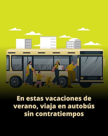 Ilustración de un autobús amarillo con cuatro personas que suben, incluyendo un niño y equipaje. Fondo de edificios, nubes y texto promocional