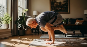 Hombre mayor con cabello blanco haciendo yoga sobre una esterilla en el interior de una casa con muebles, plantas y luz natural.
