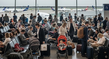 Sala de espera de aeropuerto con personas sentadas y de pie, bebés en cochecitos, maletas, equipaje de mano y aviones en la pista exterior.