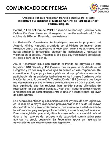 El acto legislativo de autonomía territorial busca garantizar que el 46% de los ingresos corrientes de la Nación se destinen a departamentos y municipios, como establece la Constitución de 1991 - crédito Fedemunicipios