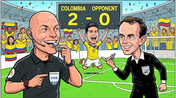 Caricatura de los árbitros Howard Webb y George Courtney sonriendo, con un jugador de Colombia celebrando un gol y aficionados festejando en un estadio de fútbol.