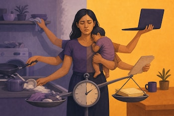 Ilustración de una mujer de múltiples brazos con un bebé, una sartén, un trapo, papeles y una computadora portátil ante una balanza con reloj.