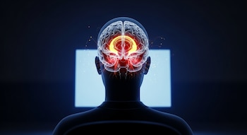 Silueta de persona de espaldas con cerebro superpuesto. Hipocampo resaltado con luz, conexiones neuronales. Partículas luminosas. Pantalla azul al frente.