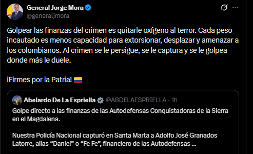 El ministro de Defensa, Jorge Mora, respaldó la estrategia enfocada en impactar las finanzas del crimen organizado - crédito @generaljmora/X