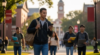 Un estudiante universitario con mochila y sudadera oscura mira su teléfono mientras camina por un campus arbolado con edificios al fondo.