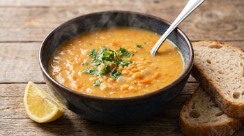 Tazón de sopa de lentejas con perejil, acompañado por una cuchara, dos rebanadas de pan y un trozo de limón sobre una mesa de madera.