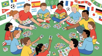 Ilustración plana de un grupo diverso de niños y adultos sentados en círculo, intercambiando figuritas de Panini y mostrando álbumes, con banderas y balones de fútbol de fondo.