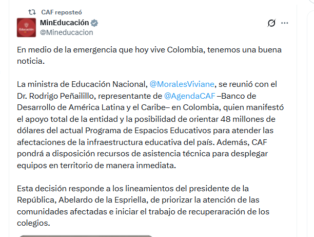 El Ministerio de Educación informó sobre el apoyo que Colombia podría recibir por parte de CAF para atender la emergencia - crédito @Mineducacion/X