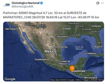Sismo de magnitud 4.7 en Mapastepec, Chiapas. (X/ @SismologicoMX)