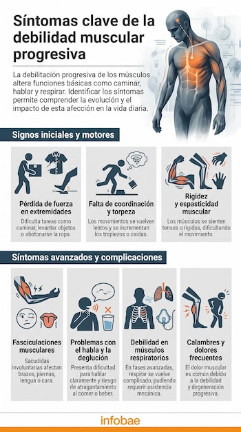 Infografía sobre debilidad muscular progresiva con ilustración de cuerpo humano. Seis iconos detallan síntomas iniciales y avanzados.