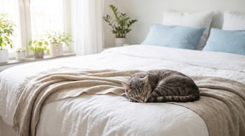 Dormitorio luminoso con cama matrimonial, sábanas blancas, manta beige y almohadas. Un gato atigrado gris duerme acurrucado sobre la manta. Plantas.