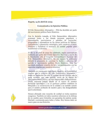 Polo Democrático se pronunció sobre su proceso de fusión con el Pacto Histórico