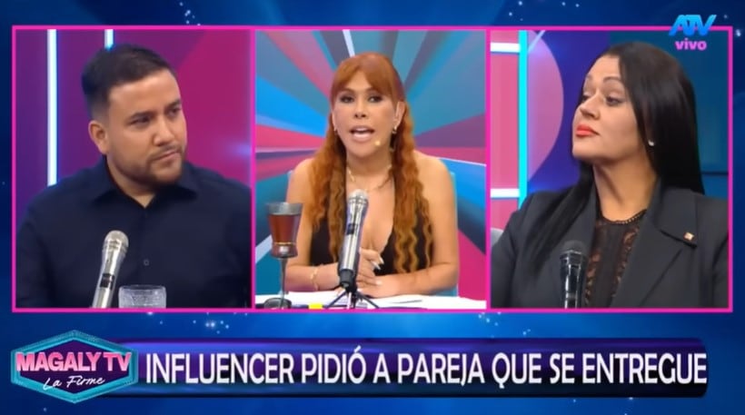 Magaly Medina (centro) muestra su incredulidad mientras escucha las declaraciones de Francesca Montenegro (derecha) en su programa de televisión, flanqueadas por un invitado. (ATV / Magaly TV La Firme)
