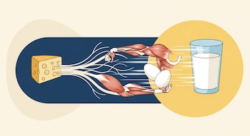 Ilustración conceptual de un bloque de queso, fibras musculares, huevos y un vaso de leche, interconectados con líneas y trazos luminosos sobre un fondo crema y azul.