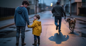Dos hermanos, uno de 11 años llorando, se toman de la mano en una calle mojada mientras un hombre se aleja corriendo con su perro mediano.