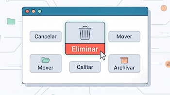 Ventana de programa con botones: Cancelar, Mover, Eliminar (icono de papelera), Calitar, Mover, Archivar (icono de caja). Cursor de ratón sobre Eliminar.