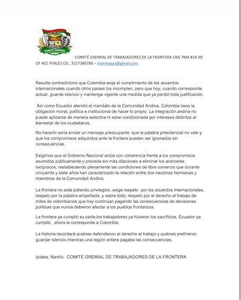 En el comunicado, el gremio subrayó que la frontera ya cumplió su parte y pidió a las autoridades actuar sin más dilaciones para restablecer el libre comercio. - crédito Comité Gremial de Trabajadores de la Frontera