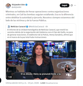 O prefeito de Cali, Alejandro Éder, criticou o Governo Petro pelo escândalo das negociações com o Clã do Golfo - crédito @alejoeder/X