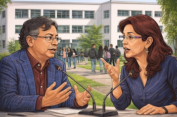 Ilustración de Gustavo Petro y Viviane Morales sentados con micrófonos frente a un edificio universitario con estudiantes caminando.