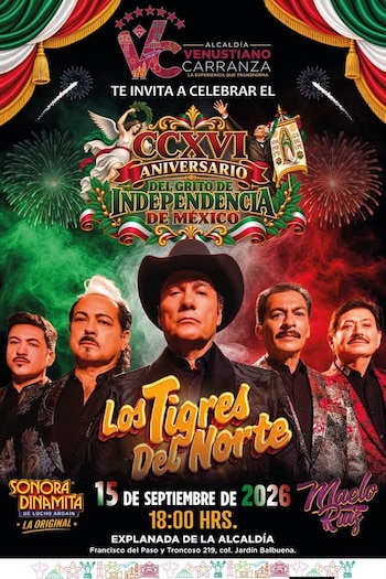 Cartel promocional con Los Tigres del Norte sobre un fondo de fuegos artificiales y los colores de la bandera mexicana