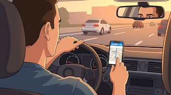 Ilustración de un hombre al volante tocando la pantalla de un celular con un mapa de GPS montado en el tablero del automóvil.