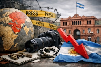 Globo agrietado, alambre de púas con cinta "PRESS", cámara, esposas, balas, bandera argentina con flecha roja descendente frente a Casa Rosada.