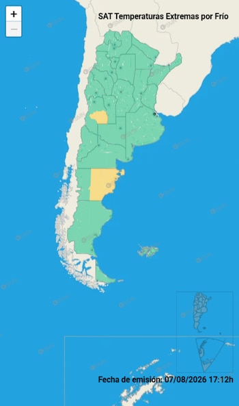 Mapa de Argentina con divisiones provinciales en verde y naranja. Controles de zoom. Título SAT Temperaturas Extremas por Frío. Fecha de emisión 07/08/2026 17:12h. Miniatura del mapa de Argentina