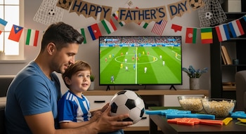 Un padre y su hijo miran un partido de fútbol en TV. El padre sostiene un balón. La sala está decorada con banderas y un cartel de "Happy Father's Day". Palomitas de maíz en la mesa.
