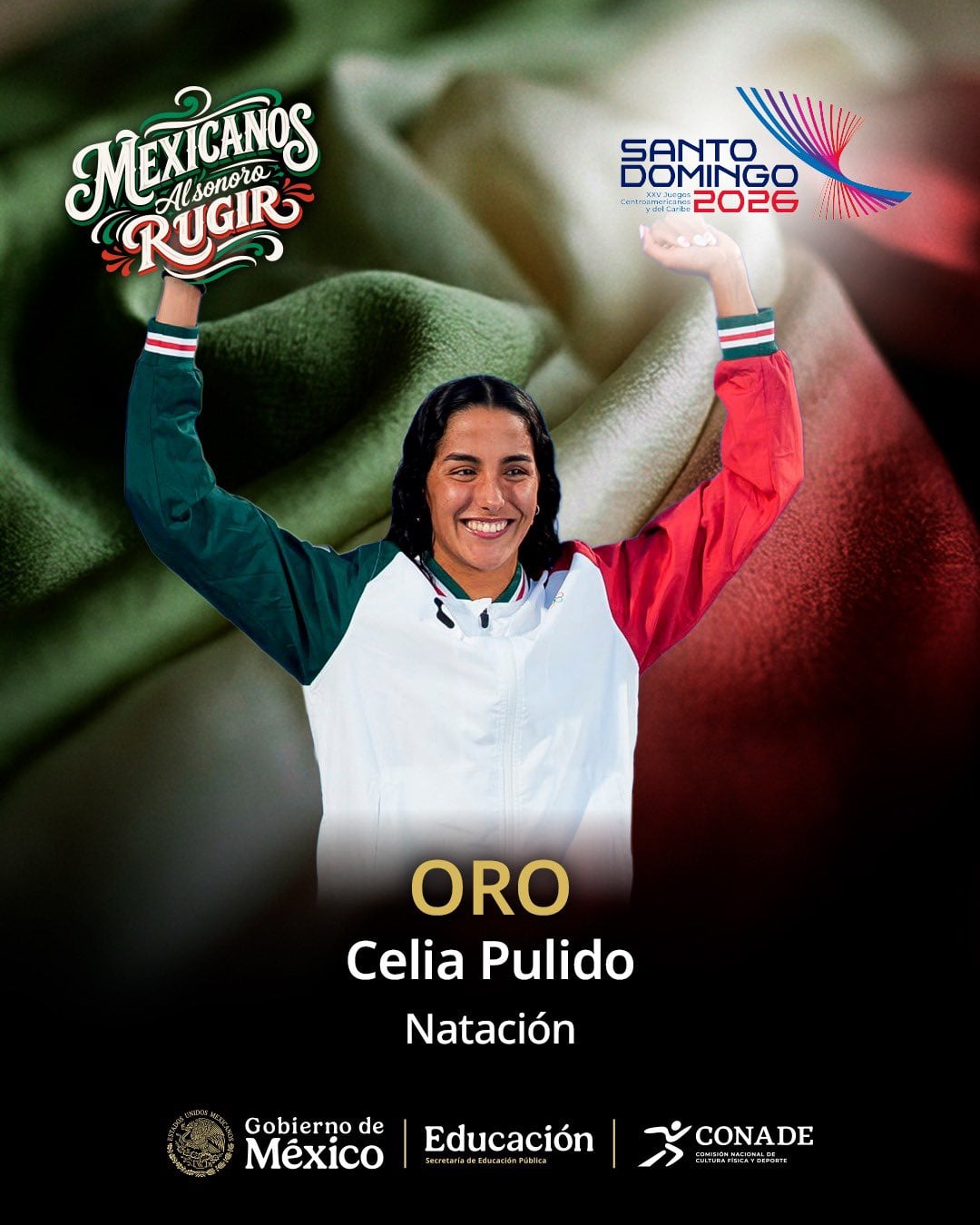 La nadadora Celia Pulido celebra su medalla de oro en los Juegos Centroamericanos y del Caribe Santo Domingo 2026, representando a México. (X / CONADE)